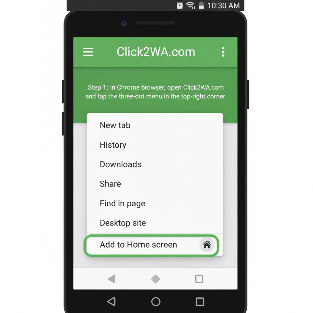 download click2wa Open Click2WA.com in Chrome and tap the three-dot menu to select Add to Home screen.